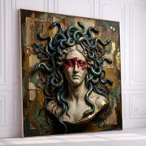 Quadro su tela con busto di Medusa, decorazione ispirata alla mitologia greca, scultura con capelli di serpente, arazzo di grande impatto visivo, stampa su tela in stile vintage.