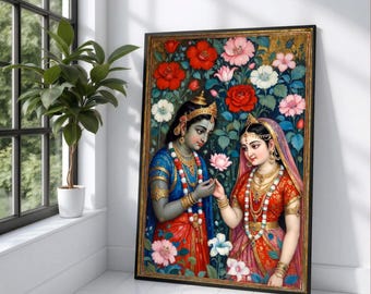 Krishna Radha Floral Canvas Wall Art, Indian Mythology Painting, Romantic Divine Couple Canvas, Traditional Decorative Wall Art