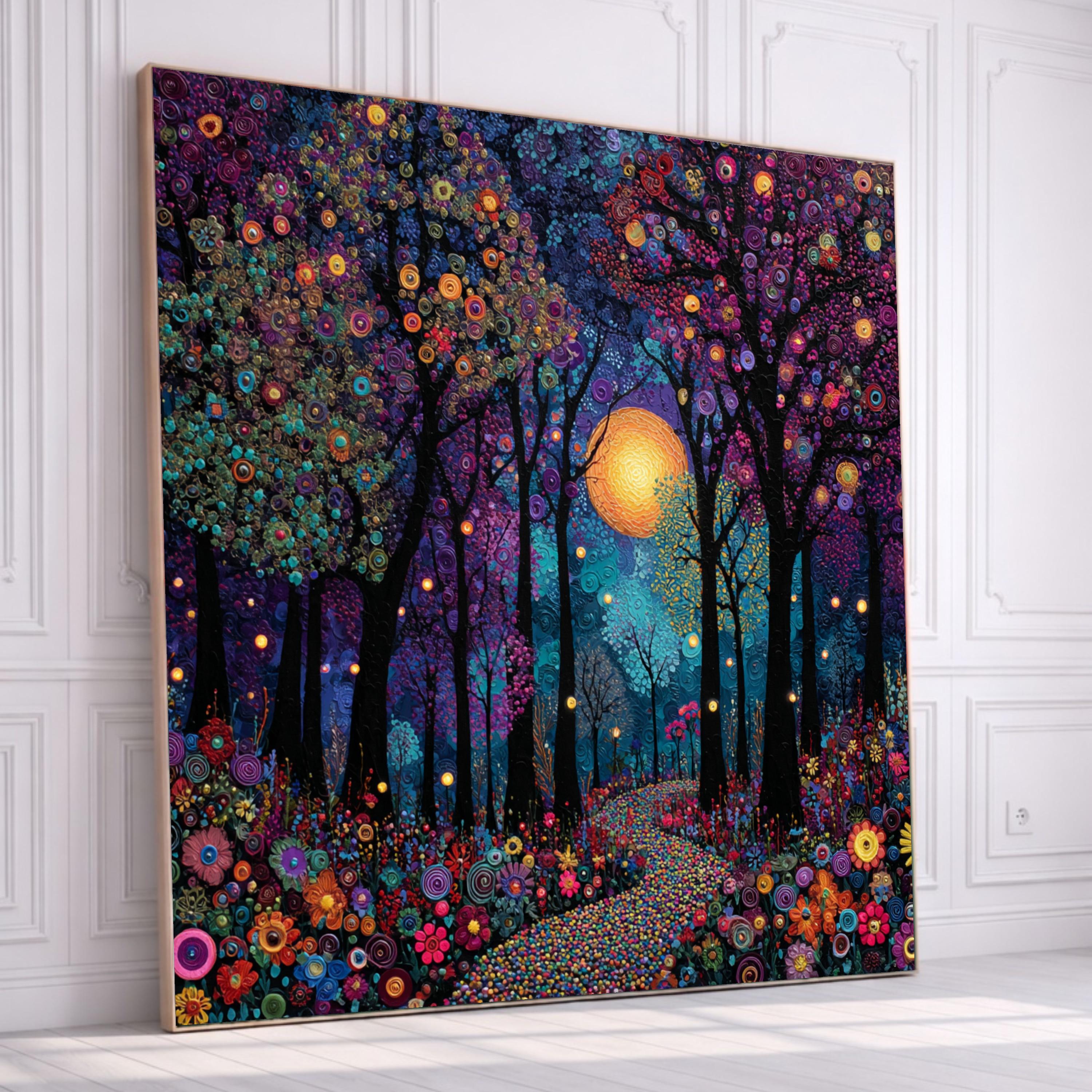 Vibrant Forest Path Canvas, Moonlit Night Garden Art, Gustav Klimt