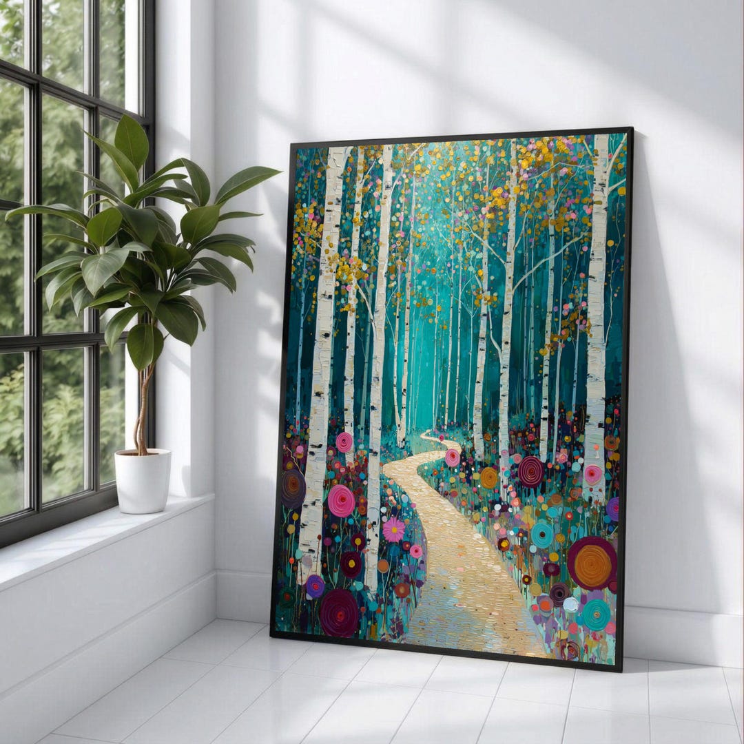 Enchanted Birch Forest Path Canvas, Colorful Floral Meadow Wall Art ...