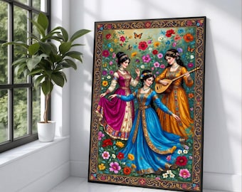 Persian Women Traditional Dress, Floral Garden Canvas Wall Art, Elegant Female Portrait, Middle Eastern Art, Vibrant Colorful Decoration