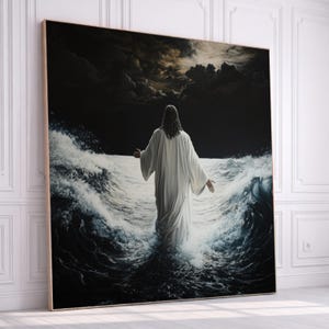 Jesus Walking on Water Canvas, Biblical Christian Wall Art, Faith Ocean Scene, Dramatic Night Sky Canvas, Spiritual Home Decoration