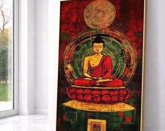 Meditation Buddha Canvas Wall Art, Lotus Flower Artwork, Spiritual Zen Decor, Red and Gold Buddha Painting, Tranquil Home Decoration
