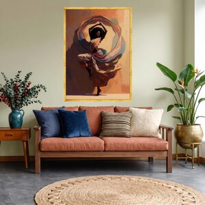 Graceful African Dance Canvas, Woman Flowing Fabric, Ethnic Wall Art, Colorful Movement Canvas, Elegant Home Decor, Ready to Hang Gold Frame