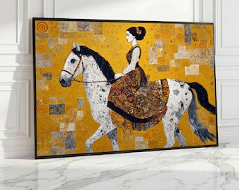 Gustav Klimt Style Woman on Horse Canvas, Decorative Figurative Art, Elegant Gold Background, Classic European Wall Decor, Canvas Painting