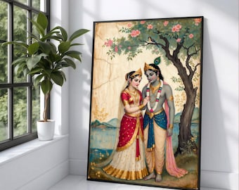 Radha Krishna Divine Couple Canvas, Indian Mythology Art, Traditional Hindu Deities Wall Art, Romantic Spiritual Canvas, Home Decor Painting