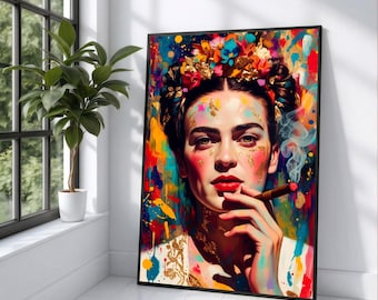 Frida Kahlo Portrait Canvas, Vibrant Floral Headpiece Wall Art, Colorful Mexican Icon Decor, Modern Artistic Home Decoration