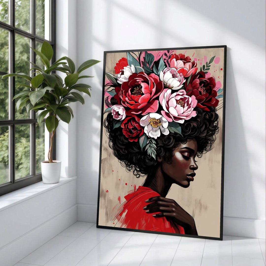 Afro Black Woman With Floral Crown Canvas Wall Art, Elegant Female ...