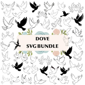 Può includere: Una collezione di disegni di colombe in bianco e nero, alcuni con rami d'ulivo. L'immagine presenta stili pieni e a linea. Il testo "DOVE SVG BUNDLE" è visualizzato su uno striscione con accenti floreali. Ideale per progetti di arte digitale.
