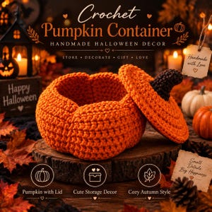 May include: A bright orange crochet pumpkin container with a removable lid and a dark brown stem. The pumpkin-shaped vessel features a textured, hand-stitched yarn construction, designed as a decorative storage piece for seasonal autumn decor.