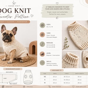 Op de afbeelding: Een crème-kleurige, handgebreide hondentrui. De afbeelding bevat een maattabel, details over garen en naalden, en de tekst "DOG KNIT Sweater Pattern". De trui is ontworpen voor kleine tot middelgrote honden.