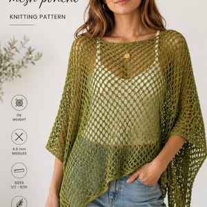 May include: A woman wearing a green mesh poncho over a white top and blue jeans. The poncho is a knitting pattern labeled "Breezy Mesh Poncho." The image includes text about needle size, yarn weight, and sizes.