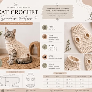 May include: A beige hand-crocheted cat sweater pattern with a cat wearing the sweater. The image includes a size chart, yarn and hook details, and the text "CAT CROCHET Sweater Pattern." The sweater is cozy, minimal, and handmade.