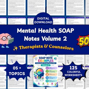 Può includere: Un download digitale per Mental Health SOAP Notes Volume 2 per terapeuti e consulenti. La grafica presenta un cervello rosa con occhiali, un'esplosione di sconto del 50% e una copertina con 125 schede colorate.