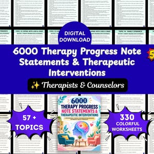 May include: A digital download resource titled 6000 Therapy Progress Note Statements & Therapeutic Interventions for therapists and counselors. It includes 57+ topics, 330 colorful worksheets, and a 50% discount badge on a blue banner.
