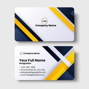 Pode incluir: Dois cartões de visita com um design moderno. O cartão superior tem um logotipo e as palavras "Company Name". O cartão inferior exibe informações de contato, incluindo número de telefone, endereço, e-mail e site.