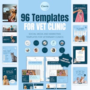 Modelos do Canva para Clínica Veterinária, Pacote de Mídias Sociais para Veterinária, Posts para Instagram, Stories, Carrosséis, Flyers e Cartões de Encaminhamento