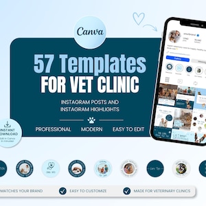 May include: A digital marketing graphic for a veterinary clinic, featuring 57 Instagram templates. The design includes a smartphone mockup, pet-related icons, and the text "FOR VET CLINIC". The design is professional, modern, and easy to edit.