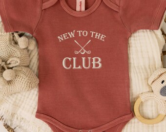 New To The Club Golf Baby Bodysuit: First Birthday Baby Outfit, Golf Baby Shower Gift