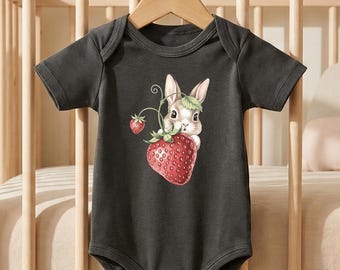 Strawberry Bunny Baby Bodysuit: Unisex Washed Cotton Outfit