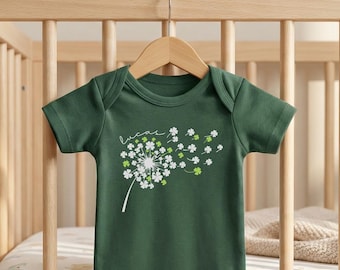 Custom Name St. Patrick’s Day Baby Bodysuit: Minimal Clover Dandelion Irish Outfit