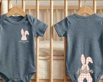 Custom Name First Easter Checker Bunny Baby Bodysuit: Rabbit Design Outfit