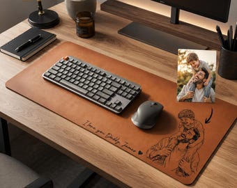 Gepersonaliseerde leren bureaumat van foto, aangepaste muismat met lijntekeningen, Vaderdagcadeau voor vader, vader, echtgenoot, bureauonderlegger voor foto