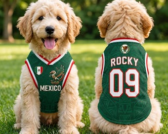 Camisa de futebol personalizada para animais de estimação com tema do México, camisa de futebol personalizada para cães com nome e número.