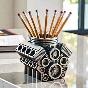 Könnte beinhalten: Ein silberner und schwarzer Bleistifthalter in Form eines V8-Motors, gefüllt mit gelben Bleistiften mit roten Radiergummis. Der Schreibtisch-Organizer verfügt über detaillierte mechanische Komponenten, darunter Zahnräder und Zylinder und ist aus Metall.