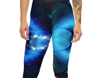 Expansión Mental: Leggings Capri Despertar Cósmico / Pantalones de Yoga Fractales Azules / Ropa Deportiva Espiritual / Leggings de Meditación / Moda Festival