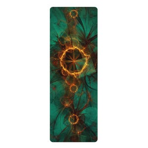 May include: A rectangular yoga mat featuring a dark teal background with a vertical arrangement of glowing orange fractal rings and light-emitting patterns. The design includes intricate, swirling lines and a grid-like texture overlay.