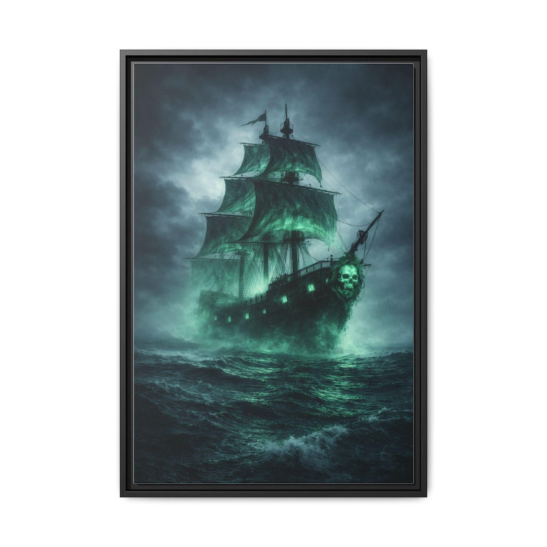 Ghost Pirate Ship at Sea - Dark Fantasy Maritime Wall Art - Framed ...