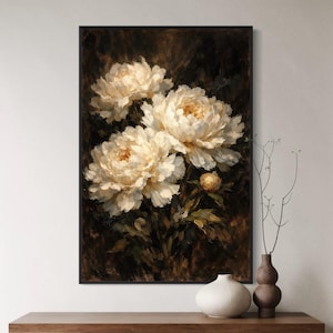 White Peony Luxury Canvas Art, Vintage Floral Oil Painting Style, Elegant Botanical Wall Decor, Large Framed Flower Artwork