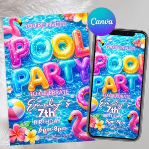 Inbjudan till poolparty för tjejer, poolparty födelsedag, poolparty inbjudan, tonårsflickor födelsedag, sommarpoolparty, redigerbar, Canva-mall