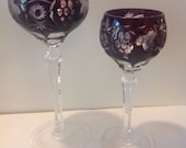 Nachtmann Bleikristall Ruby Red Lead Crystal Red and White Wine Glass PAIR, Cut to Clear in Excellent Condition