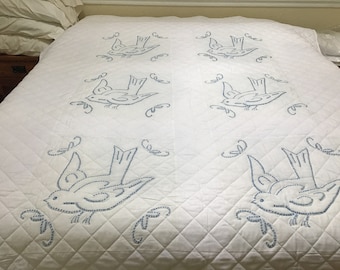 PAIR Cross-stitch Blue Bird Twin Quilts, Bird squares Hand done c. 1940’s, Set and quilted c. 1980’s, Unlaundered since. Excellent condition