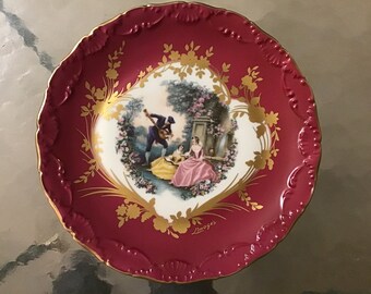 Limoges Pictorial Serving Plate, c. 1940’s, Burgundy and Gold Gilt Trim, Gentleman playing Lute with Two Ladies in Garden