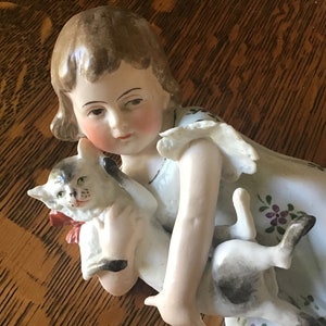 Germany Porcelain Bisque Piano Baby, Girl with Cat, Unmarked Heubach image 4