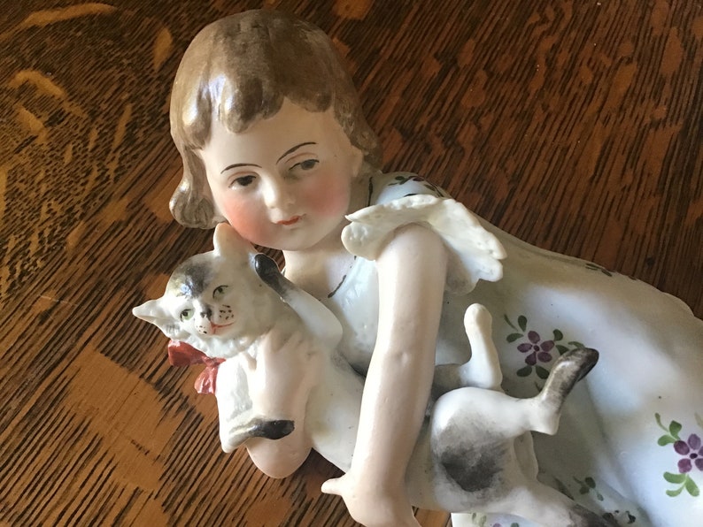 Germany Porcelain Bisque Piano Baby, Girl with Cat, Unmarked Heubach image 4