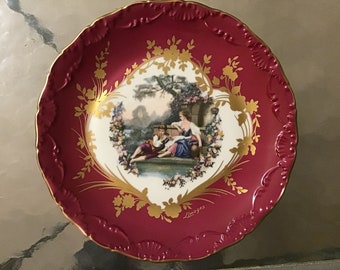 Limoges Pictorial Serving Plate, c. 1940’s, Burgundy and Gold Gilt Trim, Courting Gentleman with Flute and Lady