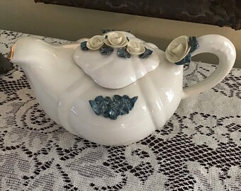 Royal Crest China Teapot, Fragile Porcelain, Applied Flowers