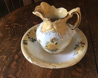 Imperial Pottery Pitcher and Basin, made for Nickerson Farms, Hand Crafted, Roses and 22K Gold