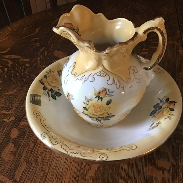 Imperial Pottery Pitcher and Basin, made for Nickerson Farms, Hand Crafted, Roses and 22K Gold