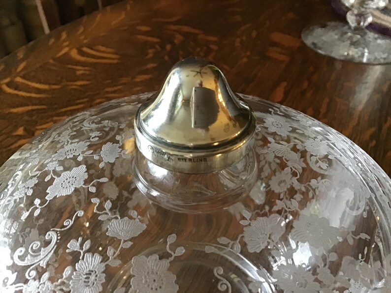 Lidded Cambridge Chantilly Bowl with Sterling Knob c. 1940s, Excellent condition, Etched image 4