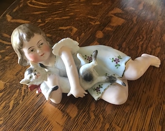 Germany Porcelain Bisque Piano Baby, Girl with Cat, Unmarked Heubach