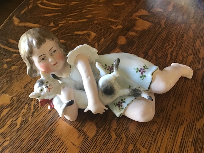 Germany Porcelain Bisque Piano Baby, Girl with Cat, Unmarked Heubach image 1