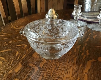 Lidded Cambridge Chantilly Bowl with Sterling Knob c. 1940’s, Excellent condition, Etched