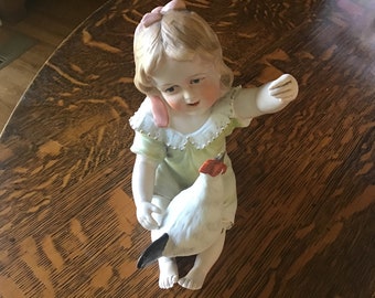 Porcelain, Bisque Piano Baby Girl with Chicken, #7026, Rare Find, Unmarked Gebruder Heubach