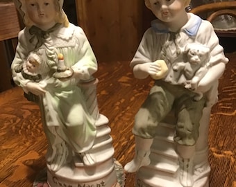 German Bisque Figurine PAIR  Guten Morgen Gute Nacht, Good Morning Good Night, 10” unmarked, excellent condition.