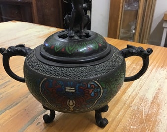 Cloisonné Japanese Standing Incense Burner, Urn, 7”x8 1/4”